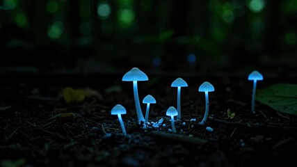 Glowing blue bioluminescent mushrooms on dark forest floor at night. Magical close-up with blurred background. Natural wonder and bioluminescence phenomenon. Fantasy and science banner - Powered by Adobe