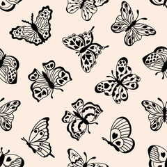 Fototapeta premium Seamless pattern of black doodle butterflies
