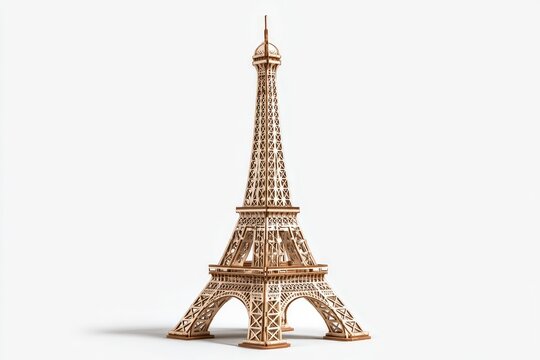 Detailed wooden Eiffel Tower model.  Light tan, intricate design.  Isolated on white