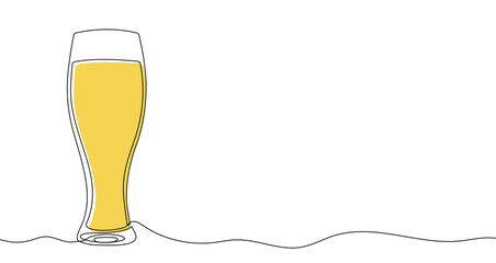 Glass of beer in one line art style. Drawing of a glass of beer with an editable color fill on a white background. Vector illustration.