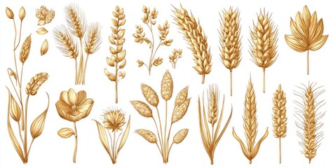 Collection of golden wheat and flower illustrations