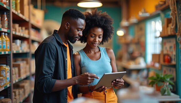 African entrepreneurs review inventory on tablet in vibrant shop. Man, woman collaborate using technology for stock management in noisy marketplace. Smiling team shows positive growth, success in
