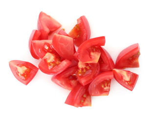 Pieces of ripe red tomatoes isolated on white, top view