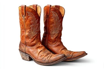 Pair of worn brown leather cowboy boots.  Embroidered designs on the sides