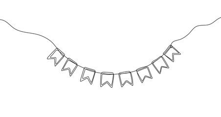 Festive garland in one line art style. Drawing of a garland with flags with an editable black stroke on a white background. Vector illustration.