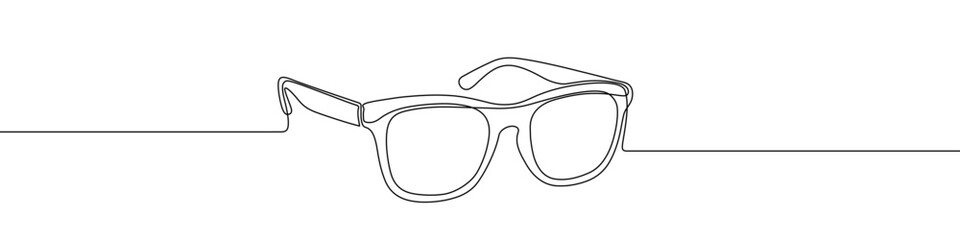 Eyeglasses in one line art style. Sunglasses drawing with editable black stroke on white background. Vector illustration.