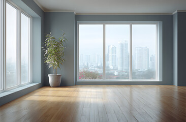 Empty Minimalist Room Overlooking City Skyline