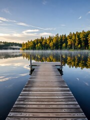 Serene morning at the dock tranquil lake nature photography misty landscape calm atmosphere reflection concept