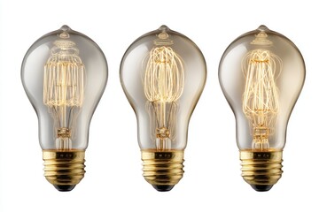Three vintage-style light bulbs,  each with a unique filament design,  arranged horizontally against a plain white background.  The bulbs are slightly different shapes and filament patterns.  