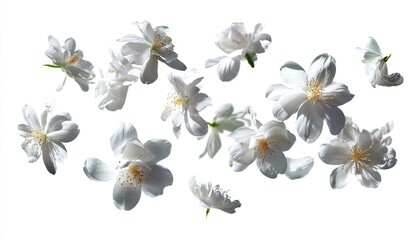 Delicate white flowers suspended in mid-air,  softly floating,  isolated against a stark white background.  Petals are  light and airy,  showing various stages of bloom.  