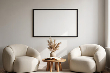 Cozy living room scene with two armchairs and a blank framed picture