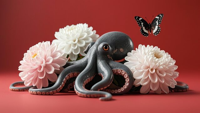 Black octopus resting on fluffy white chrysanthemums with curled tendrils, vibrant red background and small butterfly