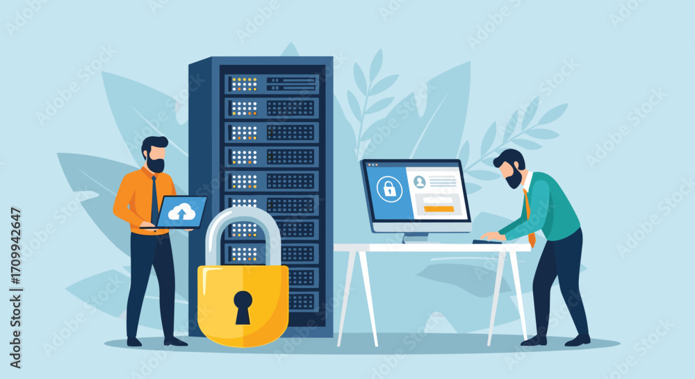 Poster cybersecurity experts protect server data with padlock and network security concept