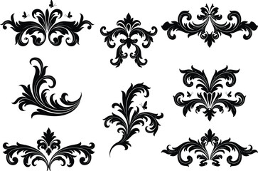 Floral ornamental vector set, vintage baroque decoration, luxury divider swirl elements, retro filigree frame border design, elegant decorative flourish