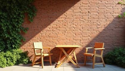 Wooden patio chairs, table set against textured brick wall with plants. Sunlight casts dynamic shadows, creating serene backyard atmosphere. Rustic outdoor seating area invites relaxation, morning