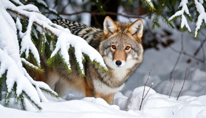 Obraz premium Coyote observing from snow-covered forest wildlife photography winter landscape close-up perspective