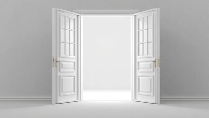 Fototapeta premium Two wide, white double doors open to a bright, empty space