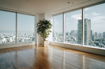 High-Resolution Empty Room with City Skyline View