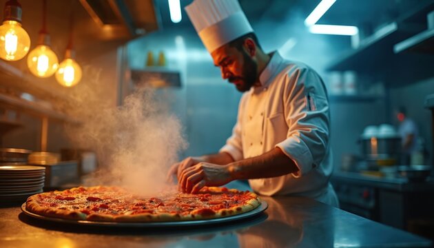 Professional chef meticulously prepares fresh pizza in a noisy restaurant kitchen. Warm light illuminates steam rising from the pizza, highlighting the vibrant culinary environment and chef artistry.