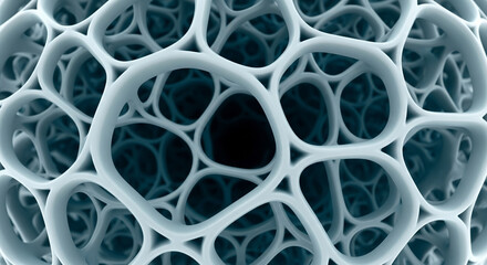 Intricate light blue porous cellular network structure. Abstract microscopic biomimetic 3D lattice pattern for science & engineering.