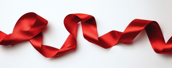 Red satin ribbon in a flowing, swirled pattern against a white background