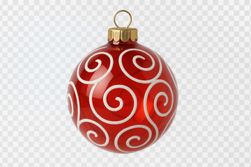 Red christmas ball ornament hanging with white swirls decoration