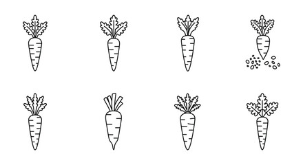 Simple black and white illustration featuring multiple carrot vegetable icons