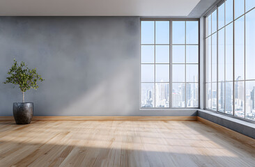 empty room with wooden floor, large windoe, view citylight