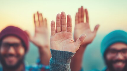 A cheerful group of friends waves goodbye, showcasing their hands against a soft, blurred outdoor background during sunset.