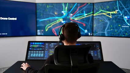 Technician handling drone operations on rooftop platform