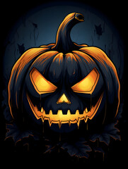 Illustration of a scary pumpkin with glowing eyes on dark background, halloween themed wallpaper 
