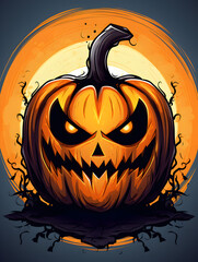 Illustration of a scary pumpkin with glowing eyes on dark background, halloween themed wallpaper 