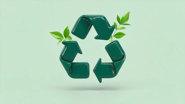 Green Recycling Symbol with Leaves on Mint Eco Sustainability Concept 3D Icon