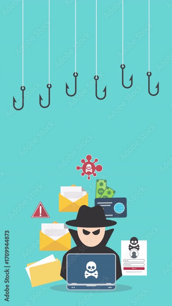 Poster hacker with laptop computer stealing confidential data, personal information and credit card detail.