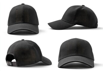 Four views of a blank black baseball cap