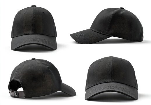 Four views of a blank black baseball cap