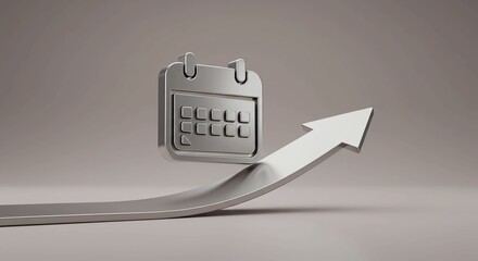 A metallic calendar icon poised above a rising arrow, symbolizing future planning, growth, and progress over time.