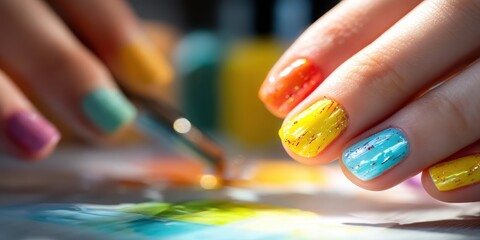 A close-up of hands painting colorful nail art with vibrant polish, showcasing creativity and artistic expression.