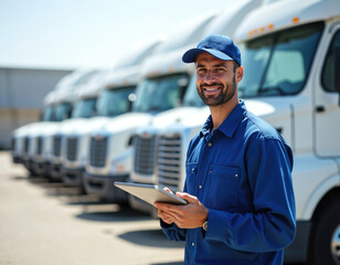 Fleet management worker in blue uniform holds digital tablet, smiles. Worker stands near row of cargo trucks. Modern transport solution for business efficiency. Man at work in logistics.