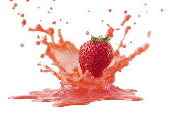 A vibrant strawberry, mid-splash, in a burst of its own juice