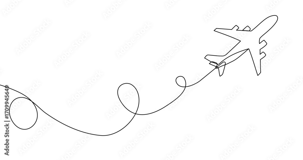 Poster passenger airplane with flight path in one line art style. airplane drawing with editable black stro