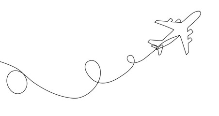 Passenger airplane with flight path in one line art style. Airplane drawing with editable black stroke. Vector illustration.