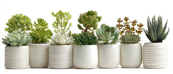 Multiple succulents in white ribbed pots against a white background