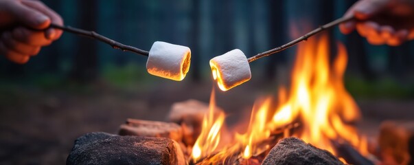 Two hands roasting marshmallows over a campfire in a forest, highlighting a cozy outdoor gathering and the warmth of a shared experience.