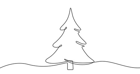 Christmas tree in one line art style. Christmas tree drawing with editable black stroke on a white background. Vector illustration.