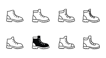 Simple line art illustrations of hiking boots in varying styles