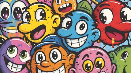 Fototapeta premium Colorful Cartoon Characters Packed Together Smiling with Big Eyes and Teeth Full Frame Art Print