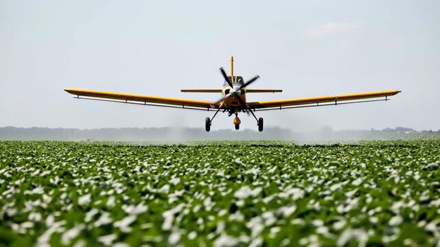 Yellow crop duster plane flying low over green farm field. low angle view banner. aerial application and modern farming technology. agriculture industry and crop protection services