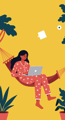 This vibrant illustration captures a serene woman in heart-patterned pajamas diligently working on her laptop from a comfortable hammock, surrounded by potted plants.