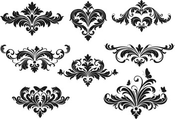 Vintage ornamental floral decorative elements, elegant baroque vector flourishes, retro luxury dividers, heart-shaped motifs, Victorian and butterfly designs